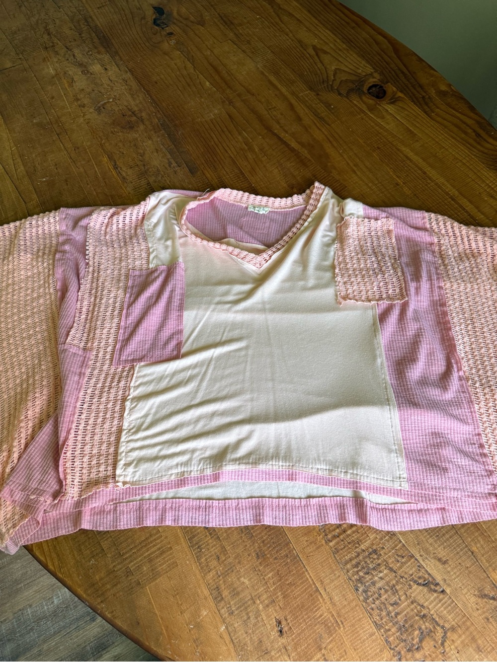 Pink & Cream Patchwork V‑Neck Tunic Top
